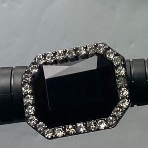 Black Gem Accent Ring Silver Tone Adjustable Band Fashion Jewelry Women